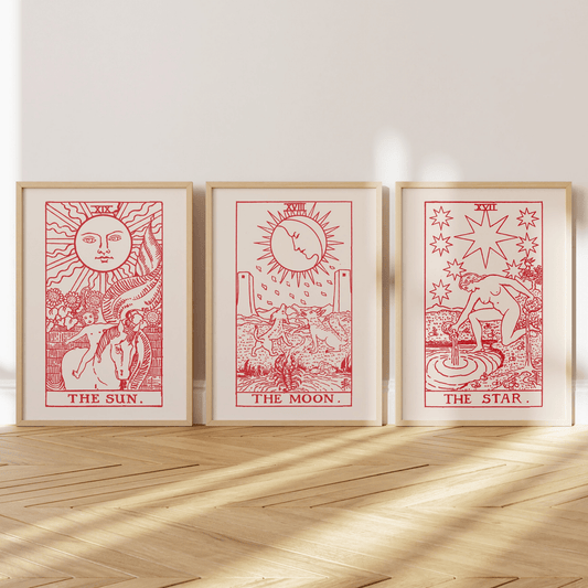 Set of 3 Tarot Prints: The Sun, Moon & Star (Red) - Pathos Studio - Art Print Sets