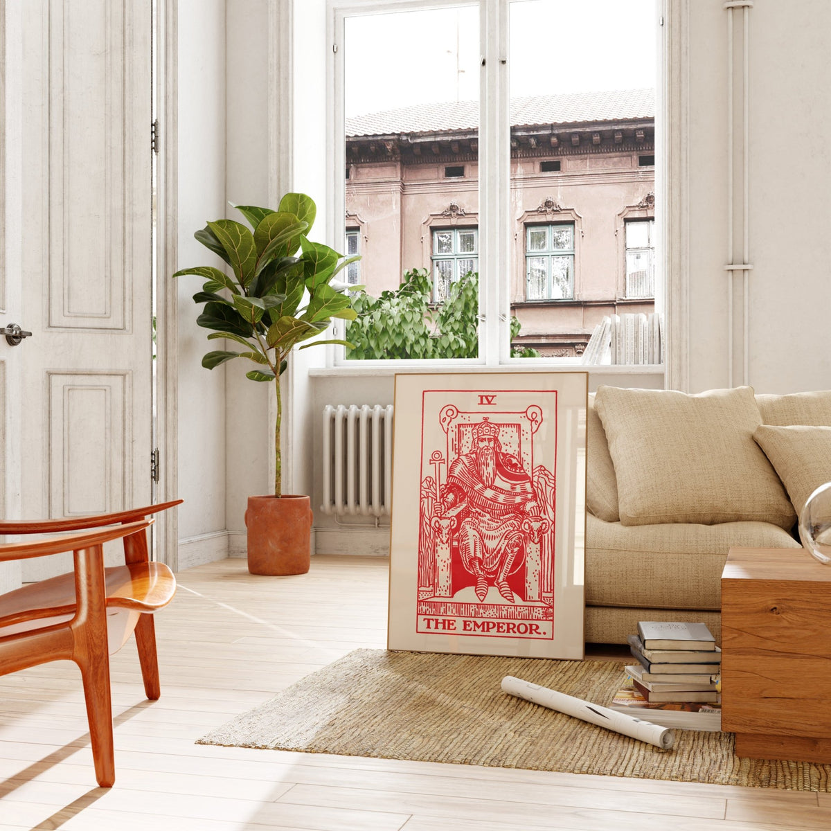 a living room with a large window, a sofa, a wooden chair, a potted plant, and a framed tarot card titled "The Emperor" on the floor.