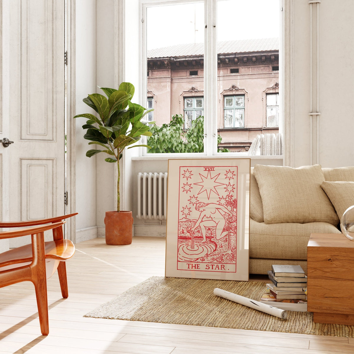 a cozy living room with a large window overlooking a building. The room is furnished with a couch, a coffee table, and a potted plant. A large poster or painting of a tarot card, specifically "The Star", is prominently displayed on the wall.