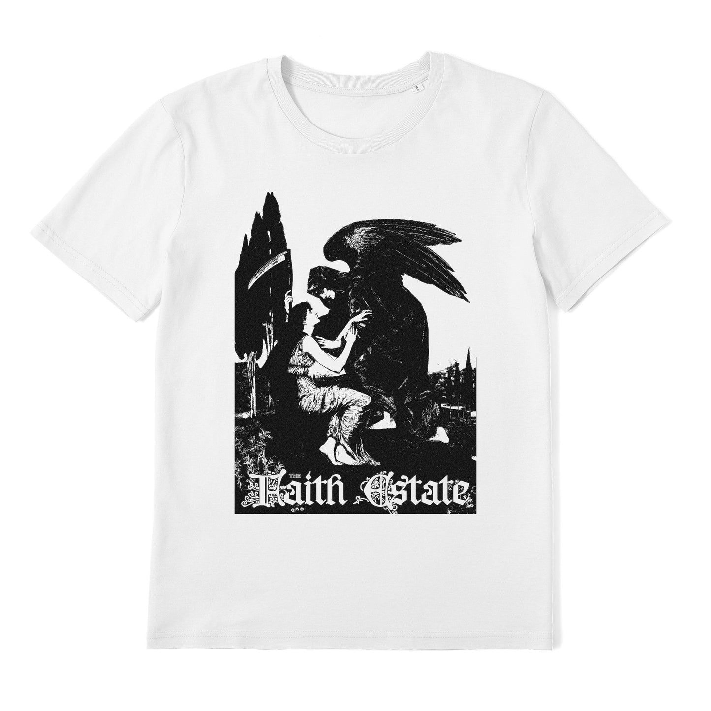 A white t-shirt with a black and white graphic design depicting a winged figure and a human figure, along with the text "Faith Estate" below the image.