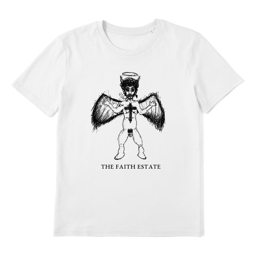 A white t-shirt with a black and white illustration of a winged figure with a cross on its head, accompanied by the text "THE FAITH ESTATE" below the image.