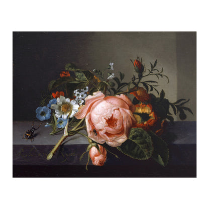 RACHEL RUYSCH - Nature morte à la branche de rose, scarabée et abeille