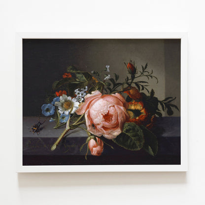 RACHEL RUYSCH - Nature morte à la branche de rose, scarabée et abeille