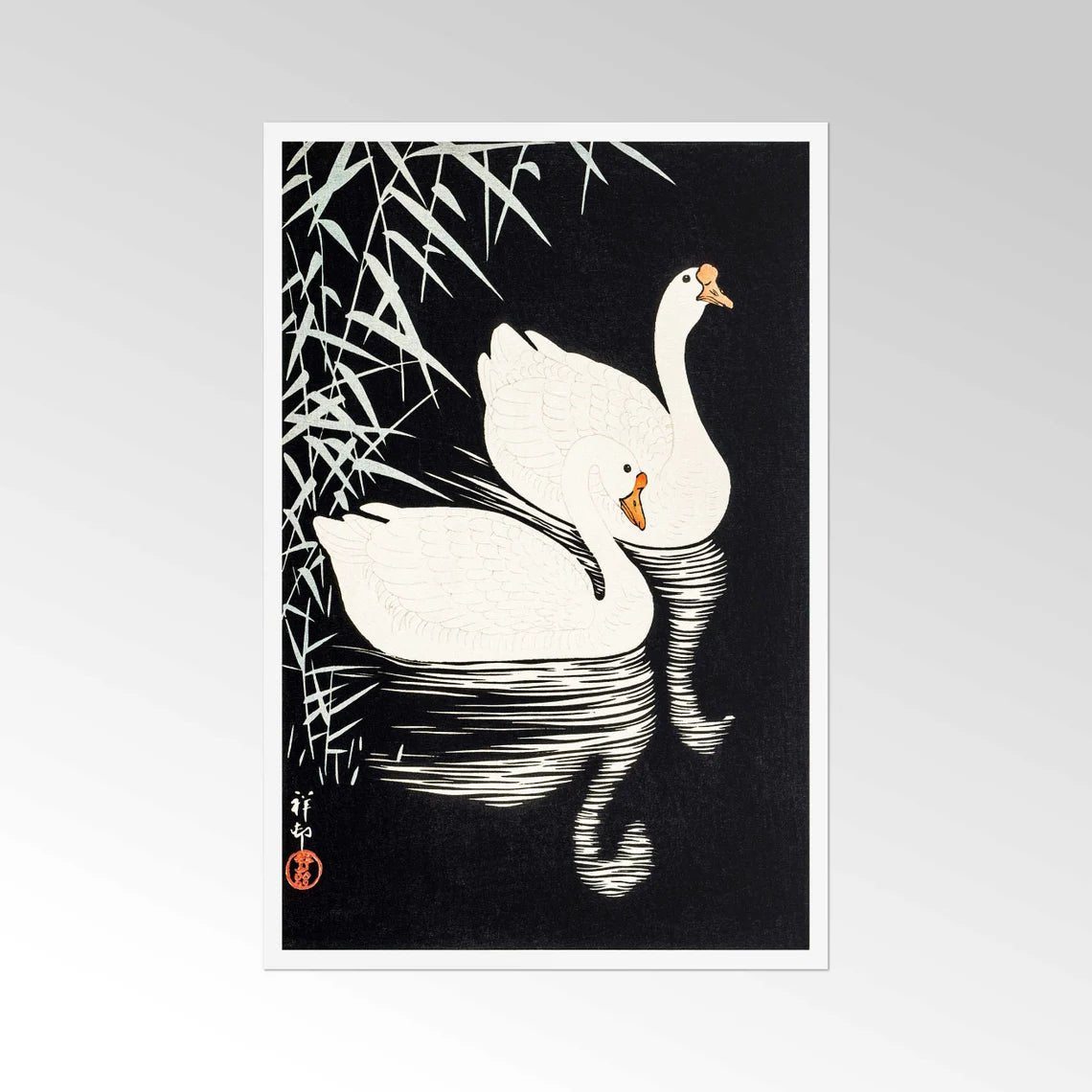 OHARA KOSON - White Chinese Geese Swimming by Reeds